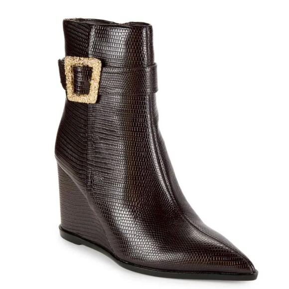 Sam Edelman Weslie 2 Embossed Buckle Wedge Ankle Boots | Womens Sz 6.5 Brown NEW - Picture 2 of 7